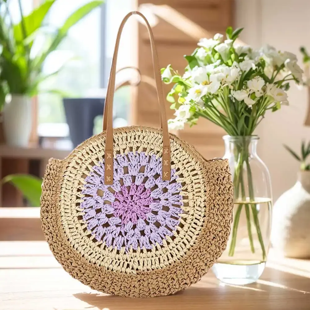 Round Summer Straw Bag with Zipper Closure Beach Shoulder Bag Large Woven Beach Bag Holiday Travel Handbag for Women and Girls