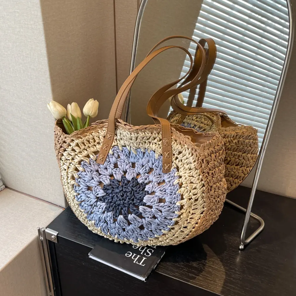 Round Summer Straw Bag with Zipper Closure Beach Shoulder Bag Large Woven Beach Bag Holiday Travel Handbag for Women and Girls
