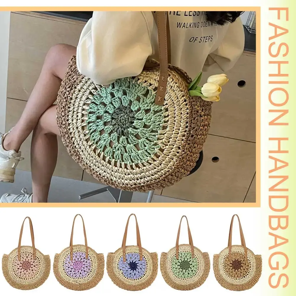 Round Summer Straw Bag with Zipper Closure Beach Shoulder Bag Large Woven Beach Bag Holiday Travel Handbag for Women and Girls