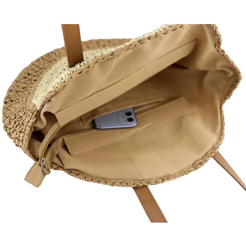 Round Summer Straw Bag with Zipper Closure Beach Shoulder Bag Large Woven Beach Bag Holiday Travel Handbag for Women and Girls