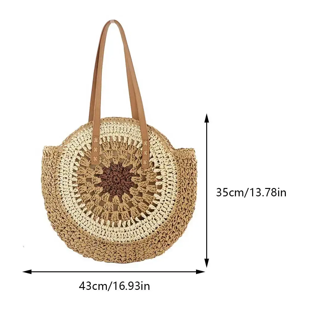 Round Summer Straw Bag with Zipper Closure Beach Shoulder Bag Large Woven Beach Bag Holiday Travel Handbag for Women and Girls