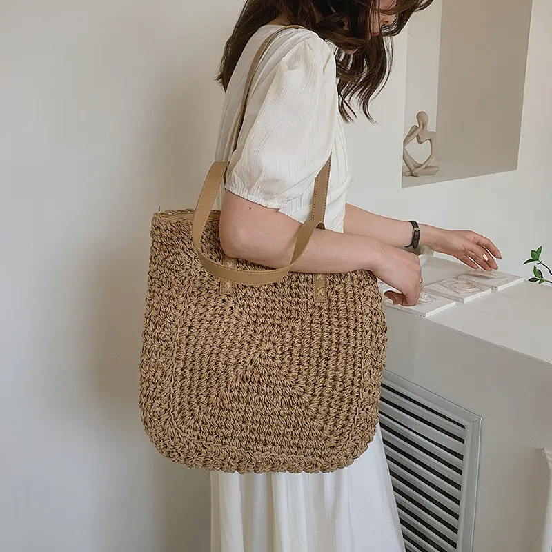 Handmade Woven Straw Beach Bag Large Capacity Shoulder Bag Women Raffia Travel Shopper Totes Summer Vacation Casual Handbags