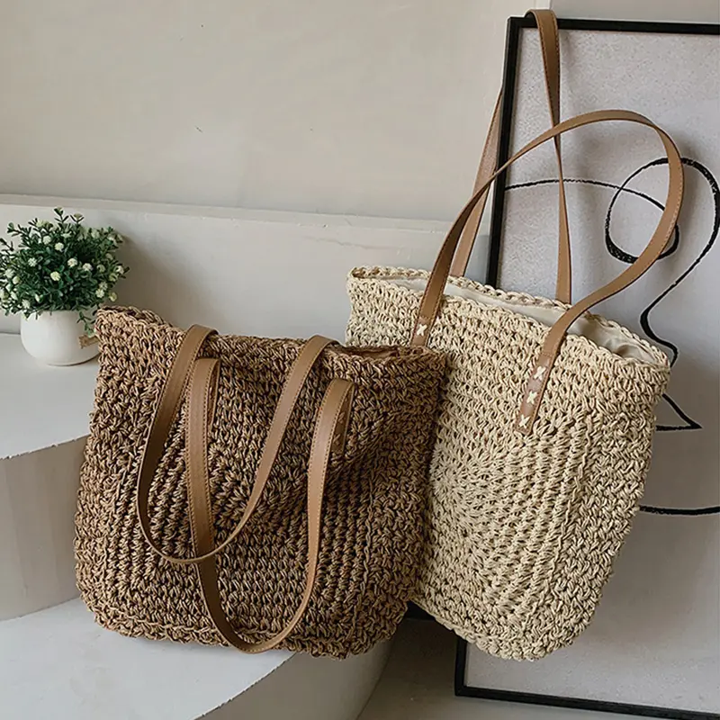 Handmade Woven Straw Beach Bag Large Capacity Shoulder Bag Women Raffia Travel Shopper Totes Summer Vacation Casual Handbags