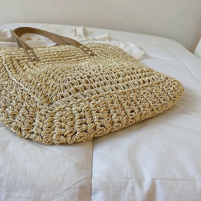 Handmade Woven Straw Beach Bag Large Capacity Shoulder Bag Women Raffia Travel Shopper Totes Summer Vacation Casual Handbags