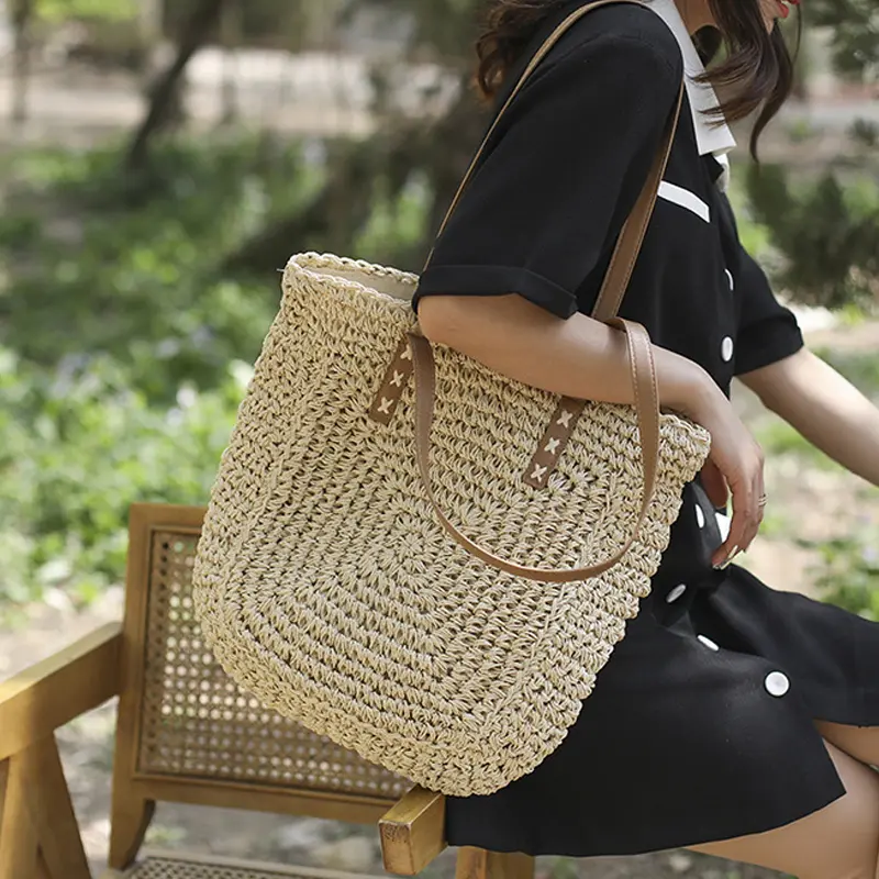 Handmade Woven Straw Beach Bag Large Capacity Shoulder Bag Women Raffia Travel Shopper Totes Summer Vacation Casual Handbags