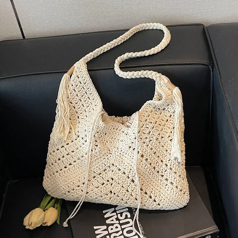 Crochet 2-IN-1 Shoulder Bag Set For Women Raffia Boho Rattan Summer Beach Vacation Tote Bags Knitted Design Handbags Female 2025