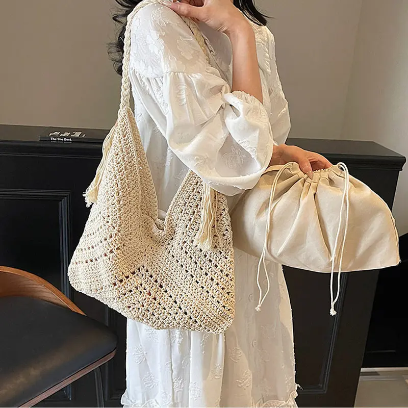Crochet 2-IN-1 Shoulder Bag Set For Women Raffia Boho Rattan Summer Beach Vacation Tote Bags Knitted Design Handbags Female 2025