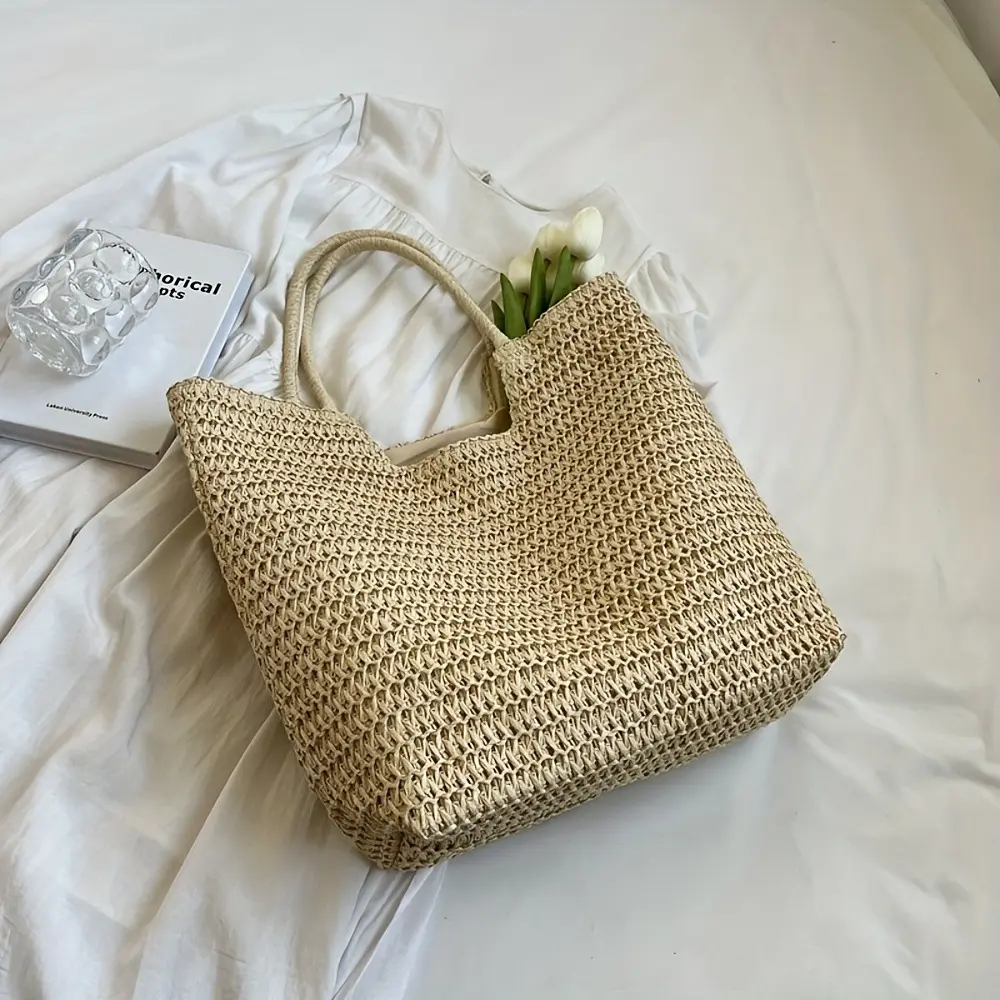 Women Beach Bag Vintage Handmade Woven Shoulder Handbag Retro Straw Shopping Totes Bags Bohemian Ladies Summer Travel Vacation