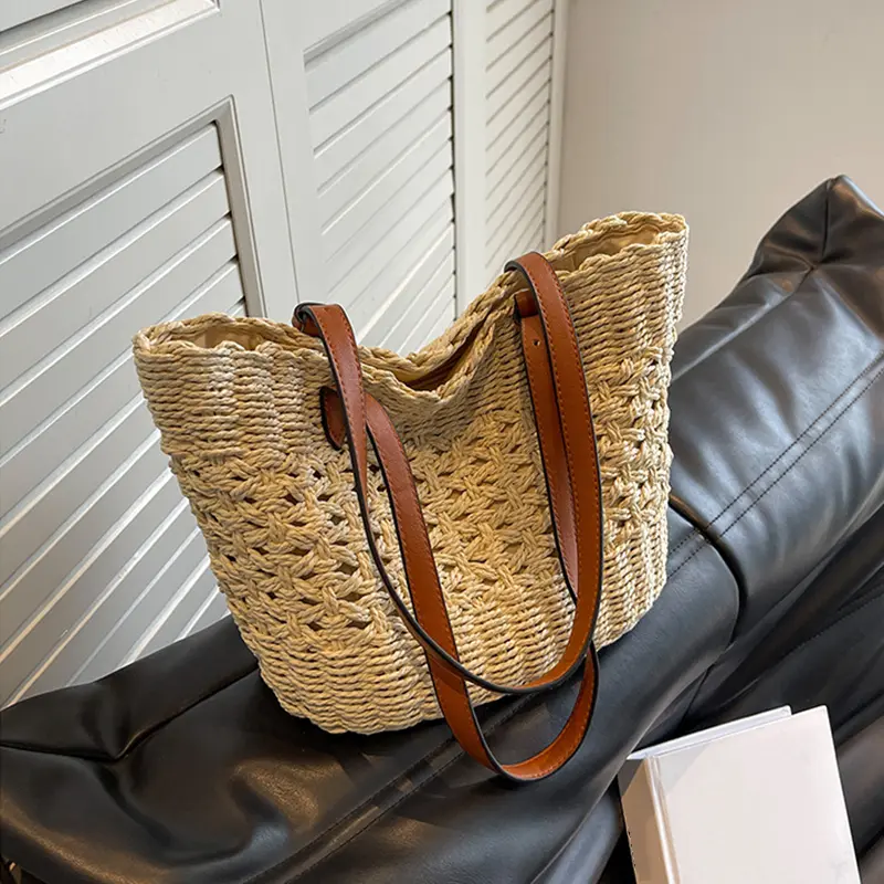 Designer Casual Rattan Wicker Tote Bag Large Capacity Woven Women's Summer Beach Straw Handbag Lady Travel Big Basket