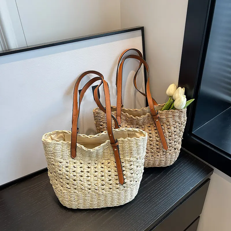 Designer Casual Rattan Wicker Tote Bag Large Capacity Woven Women's Summer Beach Straw Handbag Lady Travel Big Basket