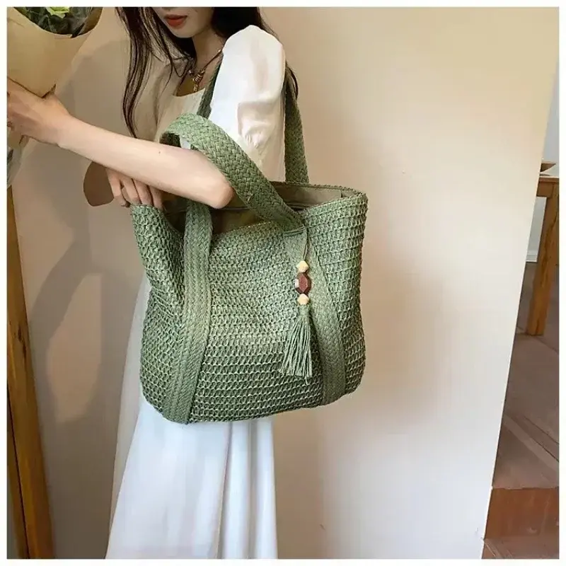 Fashion Straw Summer Large Capacity Tote Bags Women Shoulder Bag Handmade Woven Bags Fresh Rural Handheld Grass Woven Women Bag