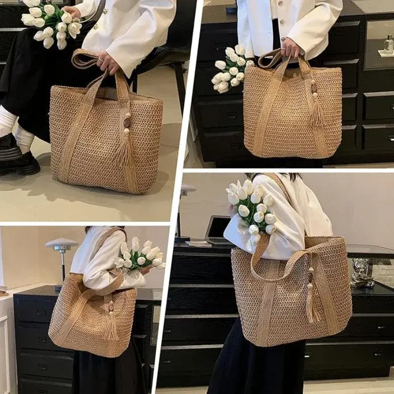 Fashion Straw Summer Large Capacity Tote Bags Women Shoulder Bag Handmade Woven Bags Fresh Rural Handheld Grass Woven Women Bag