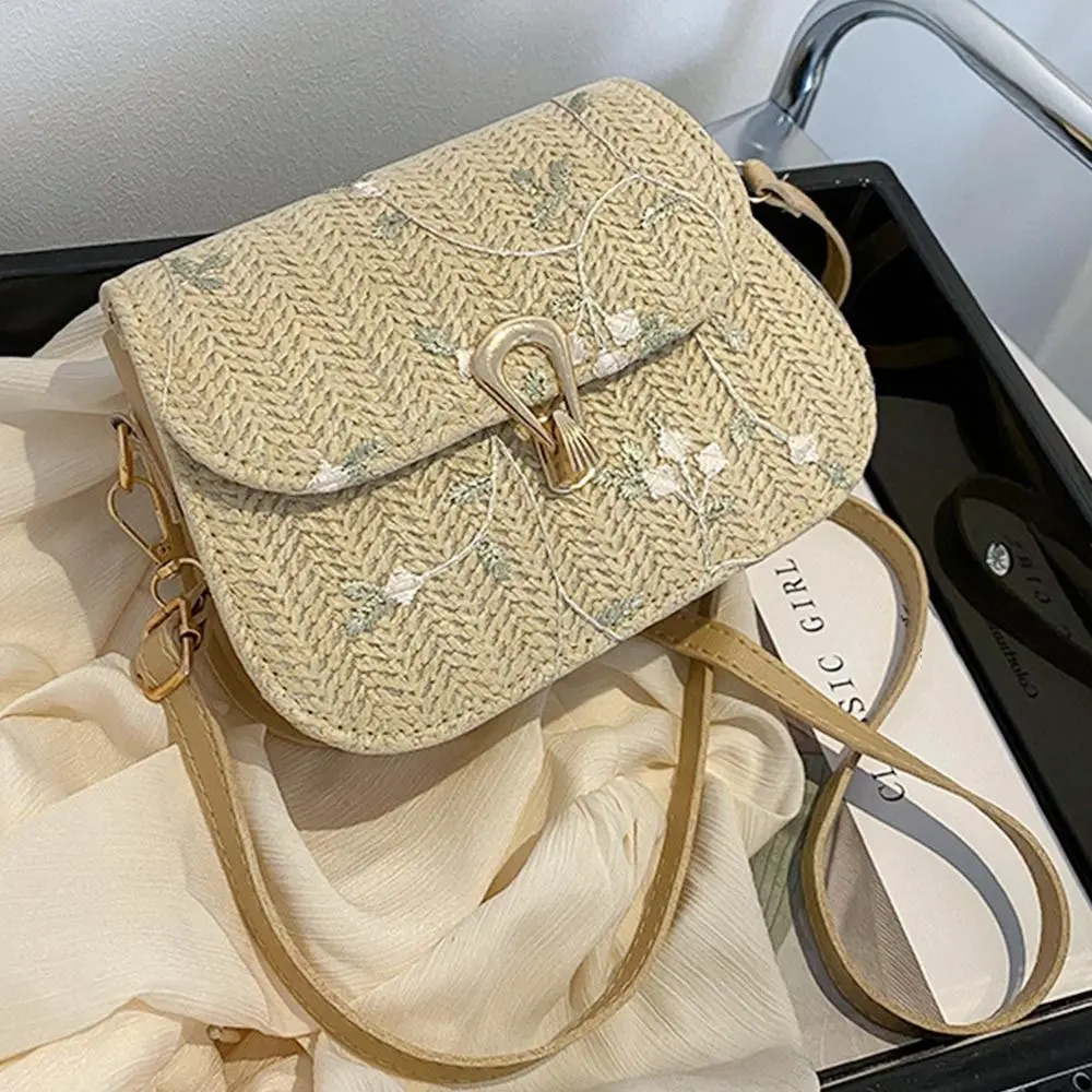 Fashion Flower Woven Saddle Bag Women Cute Straw Shoulder Bags Trendy Casual Handbag Ladies Lace Embroidery Crossbody Bags