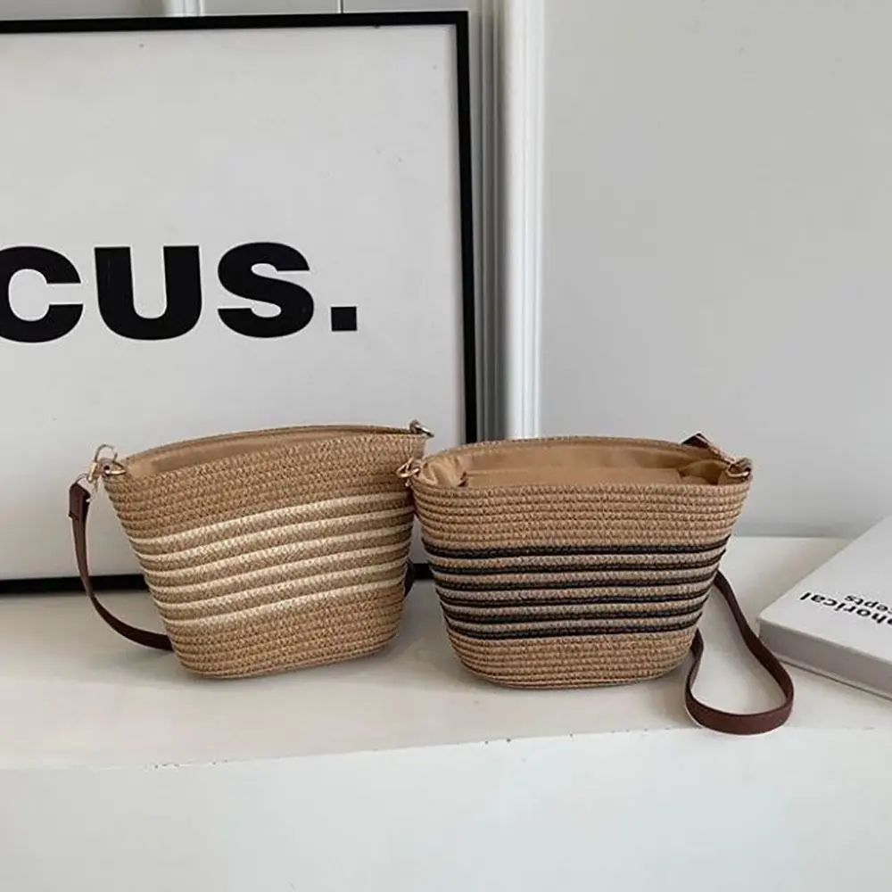 Summer Straw Tote Bags Casual Vacation Beach Crossbody Bag Large Capacity Handmade Women's Bucket Bag