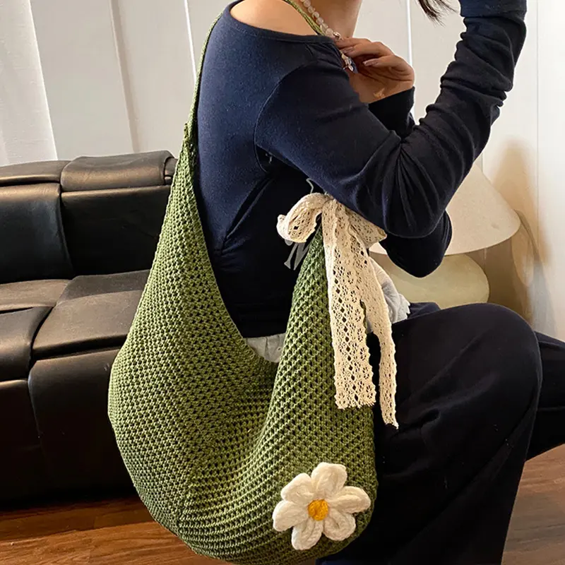 Handmade Crochet Underarm Bag Summer Knitting Women's Shoulder Bag Large Capacity Hollow Out Weaving Beach Bag Mesh Tote Handbag