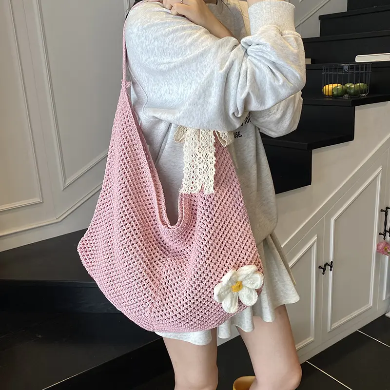 Handmade Crochet Underarm Bag Summer Knitting Women's Shoulder Bag Large Capacity Hollow Out Weaving Beach Bag Mesh Tote Handbag