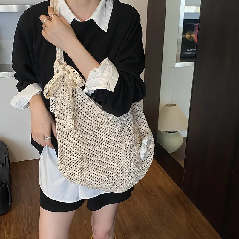 Handmade Crochet Underarm Bag Summer Knitting Women's Shoulder Bag Large Capacity Hollow Out Weaving Beach Bag Mesh Tote Handbag