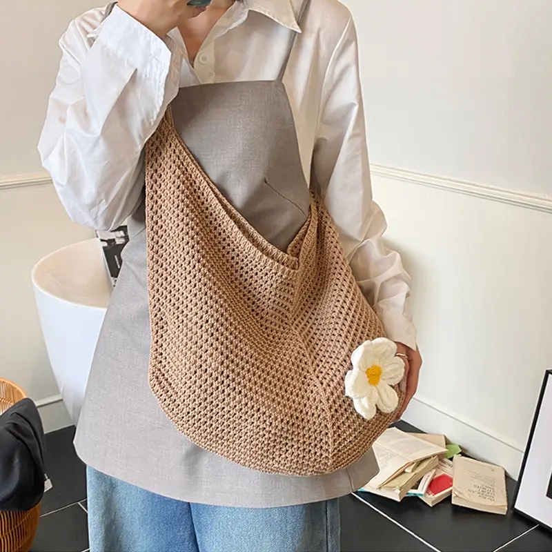 Handmade Crochet Underarm Bag Summer Knitting Women's Shoulder Bag Large Capacity Hollow Out Weaving Beach Bag Mesh Tote Handbag