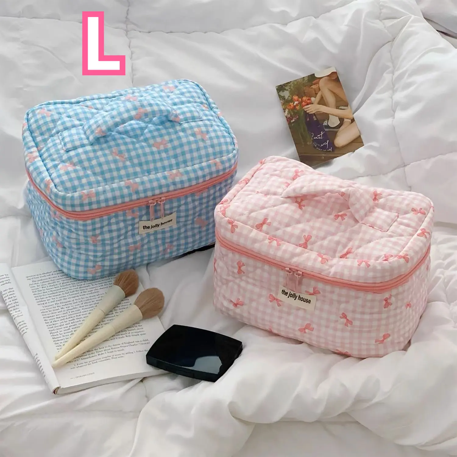 Large Capacity Sweet Plaid Ladies Cosmetic Bag Fashion Cute Women's Storage Bags Portable Female Makeup Cases Purse Handbags