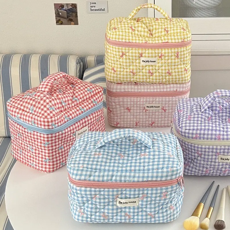 Large Capacity Sweet Plaid Ladies Cosmetic Bag Fashion Cute Women's Storage Bags Portable Female Makeup Cases Purse Handbags