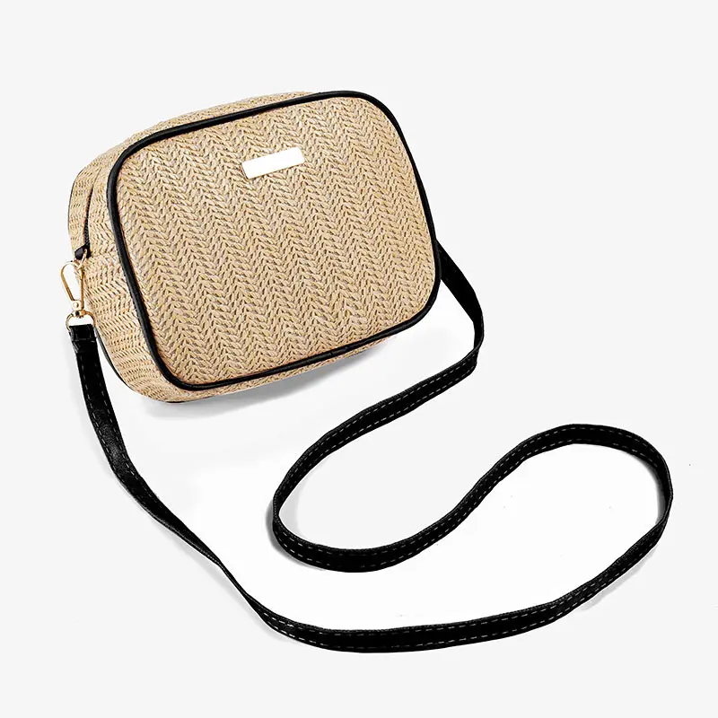 Knitted camera bag with bright film decoration, fashionable and simple grass woven bag, women's crossbody shoulder bag
