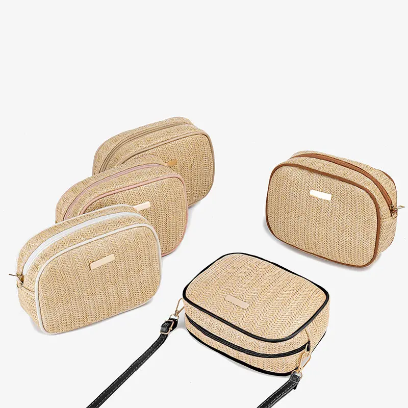 Knitted camera bag with bright film decoration, fashionable and simple grass woven bag, women's crossbody shoulder bag