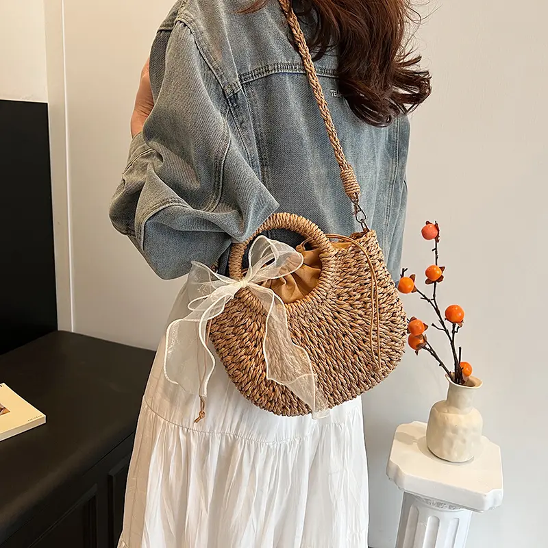 Women Crossbody Bags Handmade Casual Woven Basket Handbag Elegant Lady Straw Bag Summer Beach Shoulder Bags
