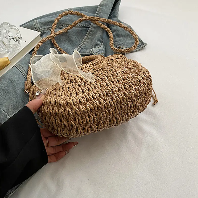 Women Crossbody Bags Handmade Casual Woven Basket Handbag Elegant Lady Straw Bag Summer Beach Shoulder Bags