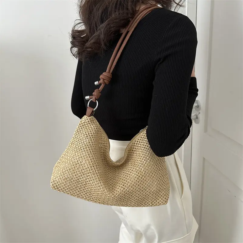 Woven patchwork bag Casual straw shoulder bag beach Tote bag