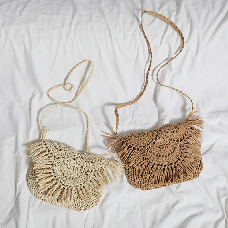 Summer Tassel Straw Shoulder Bag for Women Paper Rope Hook Hand-woven Casual Handbags Beach Travel Girls Crossbody Flap Bags