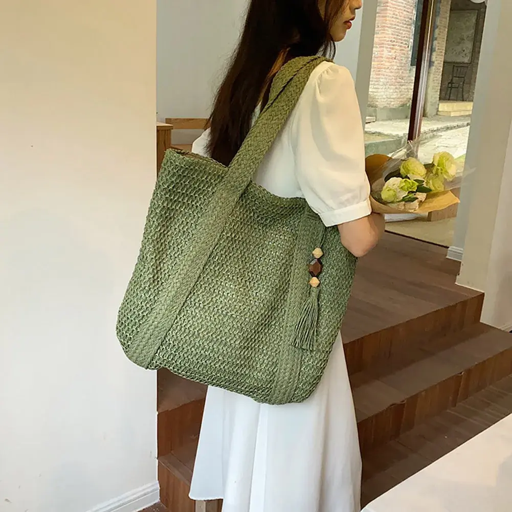 Summer Straw Bag for Women Handmade Woven Shoulder Bag Large Capacity Tote Bags with Pendant Armpit Bag Top-handle Handbag Purse