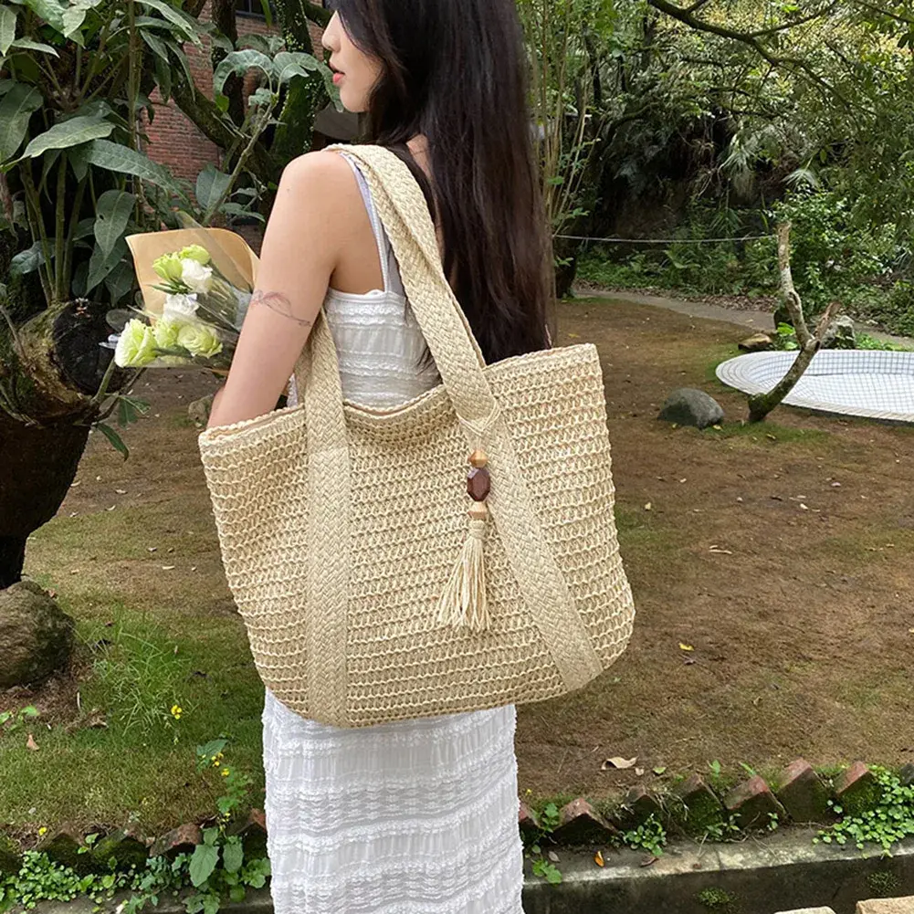 Summer Straw Bag for Women Handmade Woven Shoulder Bag Large Capacity Tote Bags with Pendant Armpit Bag Top-handle Handbag Purse
