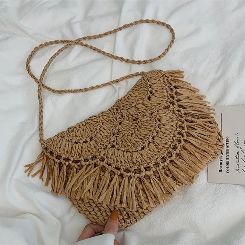 Summer Tassel Straw Shoulder Bag for Women Paper Rope Hook Hand-woven Casual Handbags Beach Travel Girls Crossbody Flap Bags