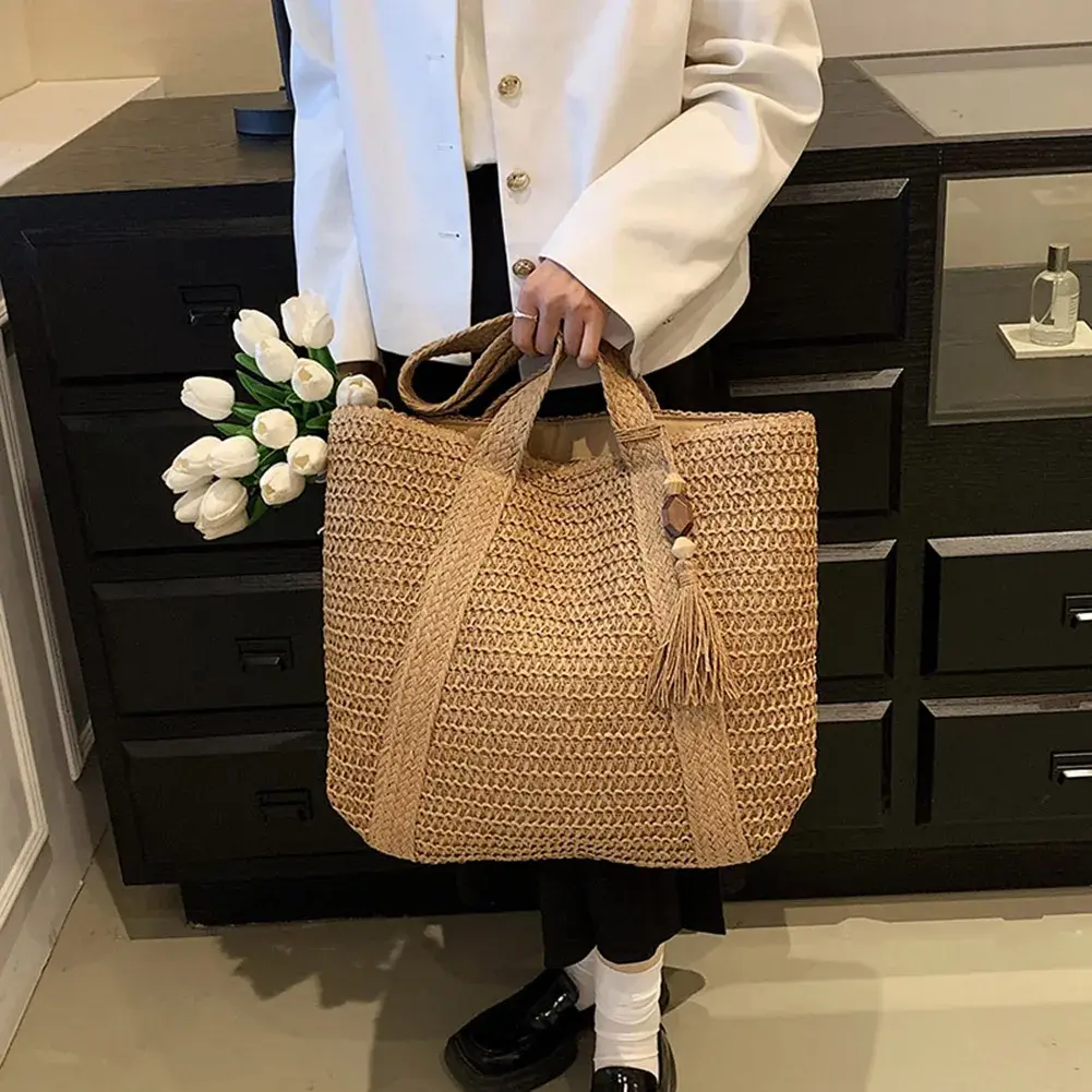 Summer Straw Bag for Women Handmade Woven Shoulder Bag Large Capacity Tote Bags with Pendant Armpit Bag Top-handle Handbag Purse