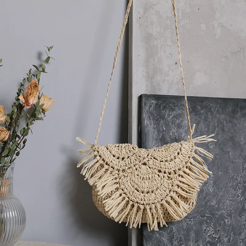 Summer Tassel Straw Shoulder Bag for Women Paper Rope Hook Hand-woven Casual Handbags Beach Travel Girls Crossbody Flap Bags