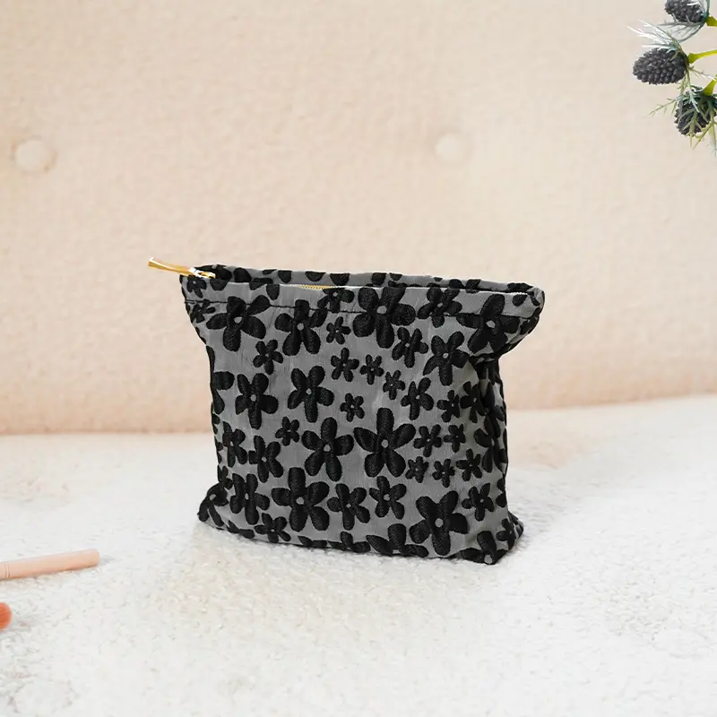 Black Floral Ladies Cosmetic Bag Portable Small Cosmetic Lipstick Storage Bag Simple Coin Purse Liner Bag Card Holder