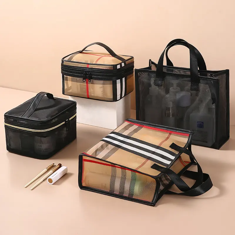 Light Luxury Brand Women Fashion Transparent Mesh Designer Travel Cosmetic Bags Storage Large Capacity Make Up Organizer Bags