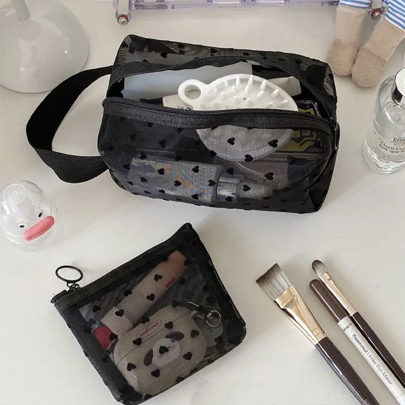 Heart Transparent Mesh Makeup Bag Multifunction Portable Women Cosmetic Storage Pouch Ladies Toiletry Lipstick Organizer Bags