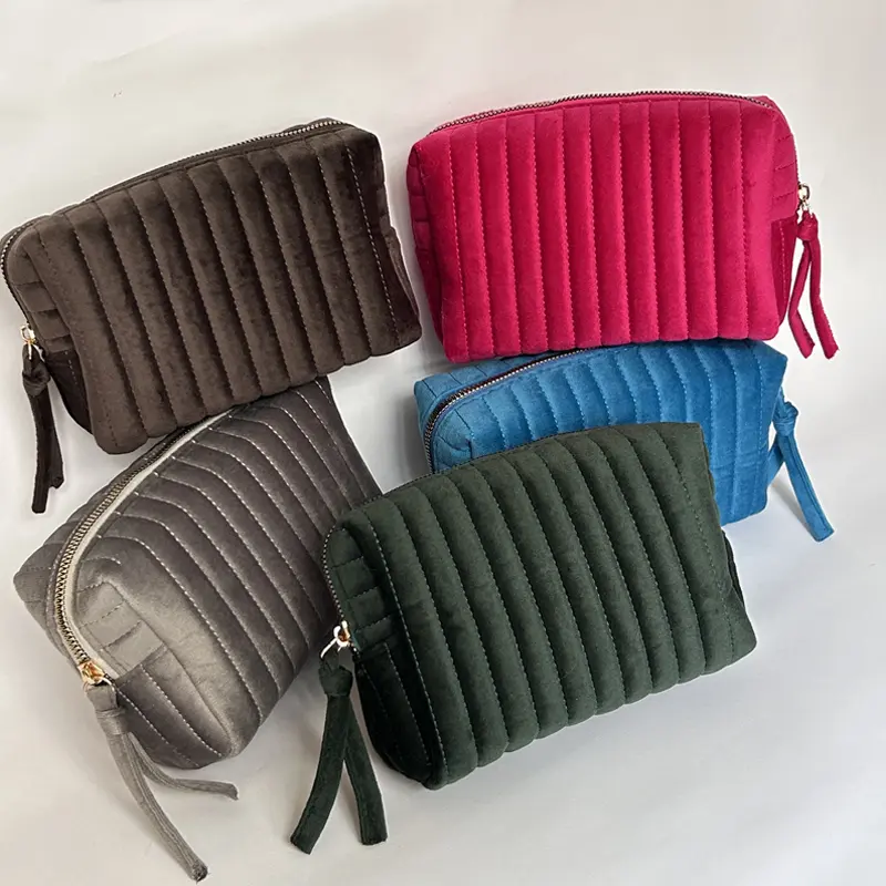Soft Velvet Makeup Bag Cosmetics Zipper Stitching Striped Storage Bag Retro Portable Mini Toiletries Organizer