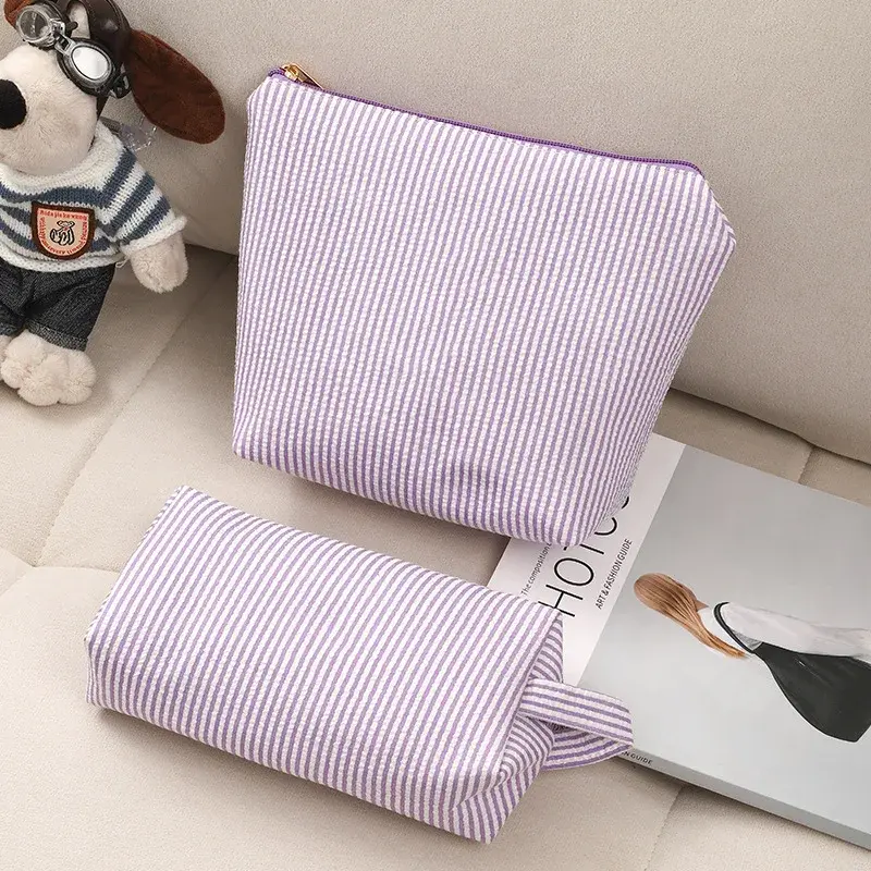 2 Pcs Set Large Capacity Ladies Stripe Toiletry Bag Makeup Case Travel Female Storage Handbag Clutch Purse Women's Cosmetic Bags
