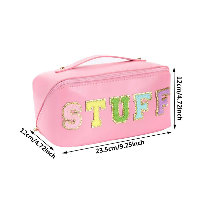 Female Cosmetics Bag Letter Patches PU Leather Makeup Bag Fashion Make Up Organizer Large Capacity Waterproof Toiletries Bags