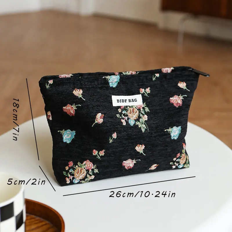 DJDF Women's Cosmetic Bag Vintage Black Background Flower Skincare Product Storage Bag Portable Travel Toiletry Bag Coin Purse