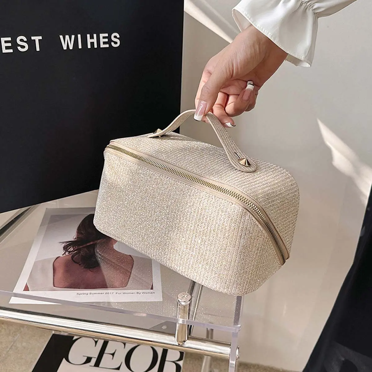 YANZAI Large-capacity Makeup Bag PU Leather Portable Travel Wash Cosmetic Bag Toiletries Organizer Female Storage Handheld Box