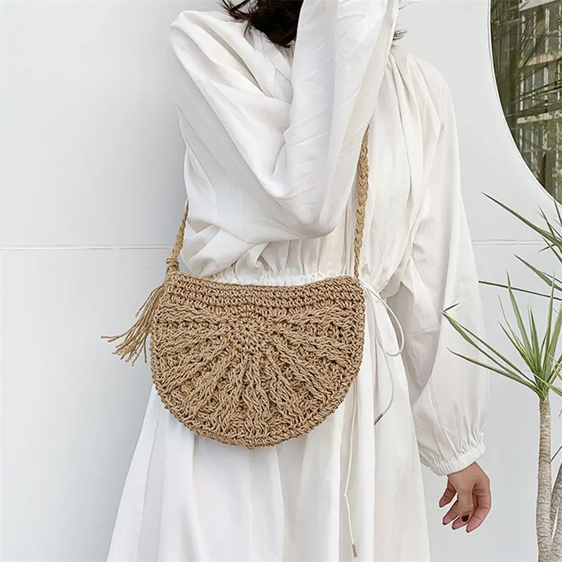 New Half Round Straw Bags for Women Summer Beach Rattan Bag Handmade Woven Half Moon Crossbody Handbags Bohemia