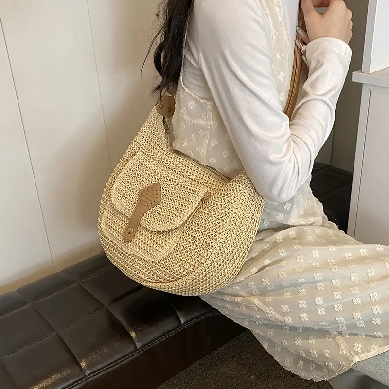 Ladies Fashion Summer Straw Crossbody Bag Women Beach Holiday Shopping Woven Shoulder Handbag Messenger Purses Bags