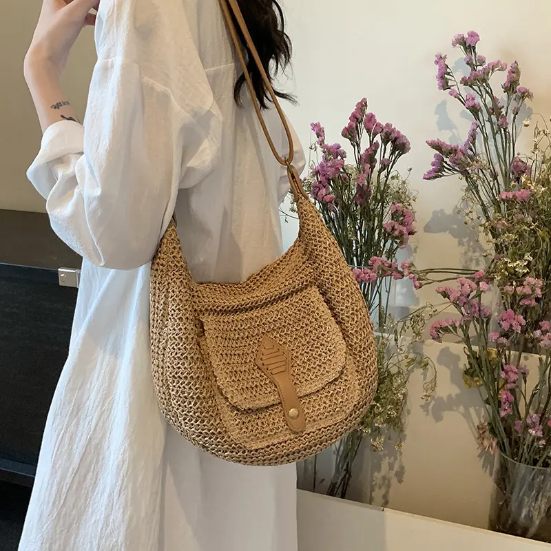 Ladies Fashion Summer Straw Crossbody Bag Women Beach Holiday Shopping Woven Shoulder Handbag Messenger Purses Bags