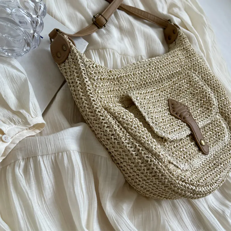 Ladies Fashion Summer Straw Crossbody Bag Women Beach Holiday Shopping Woven Shoulder Handbag Messenger Purses Bags
