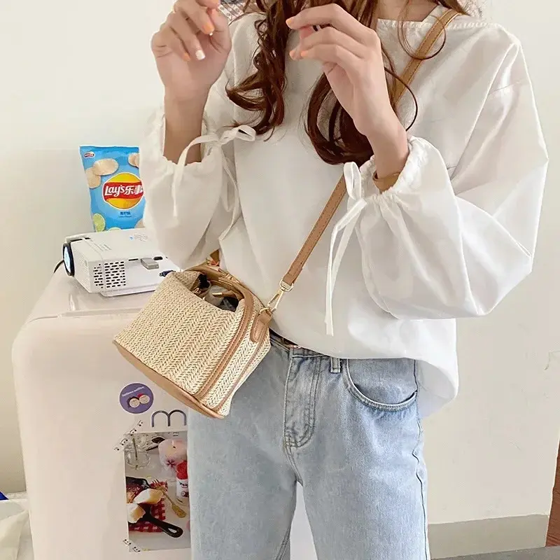 Fashion shoulder bag woven bucket summer straw tote bag crossbody bag casual beach bag