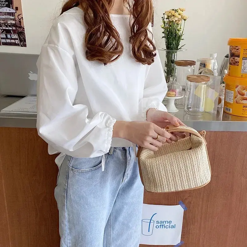 Fashion shoulder bag woven bucket summer straw tote bag crossbody bag casual beach bag