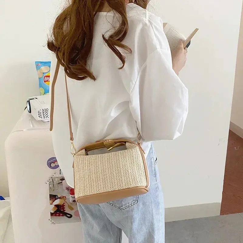 Fashion shoulder bag woven bucket summer straw tote bag crossbody bag casual beach bag